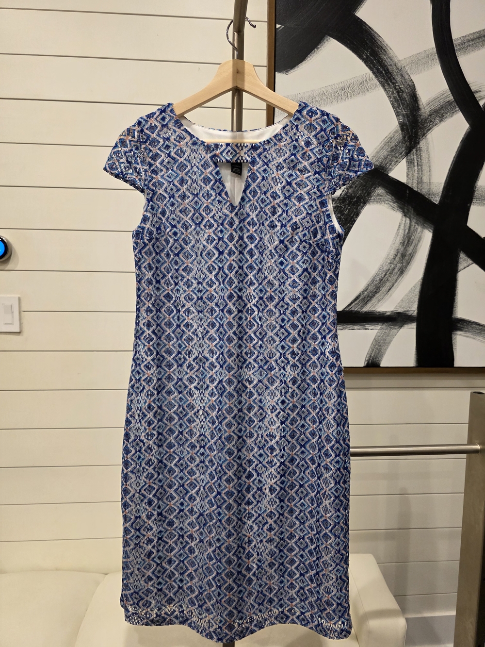Style & Co. Blue and White Geometric Cap-Sleeve Midi Dress